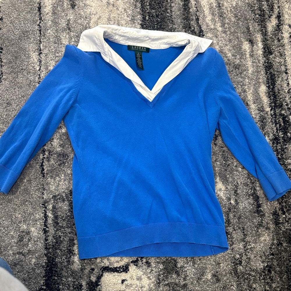 Ralph Lauren Women's Blue 3/4 length sleeve V-Neck Sweater
